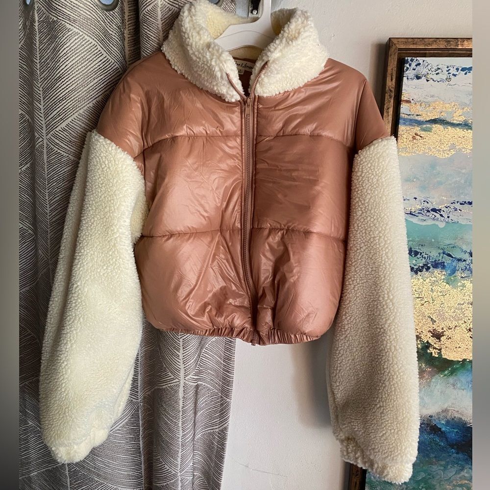 For Love and Lemons Cropped Quilted Nico Puffer Jacket Womens Brown Beige Sz S - Picture 4 of 16